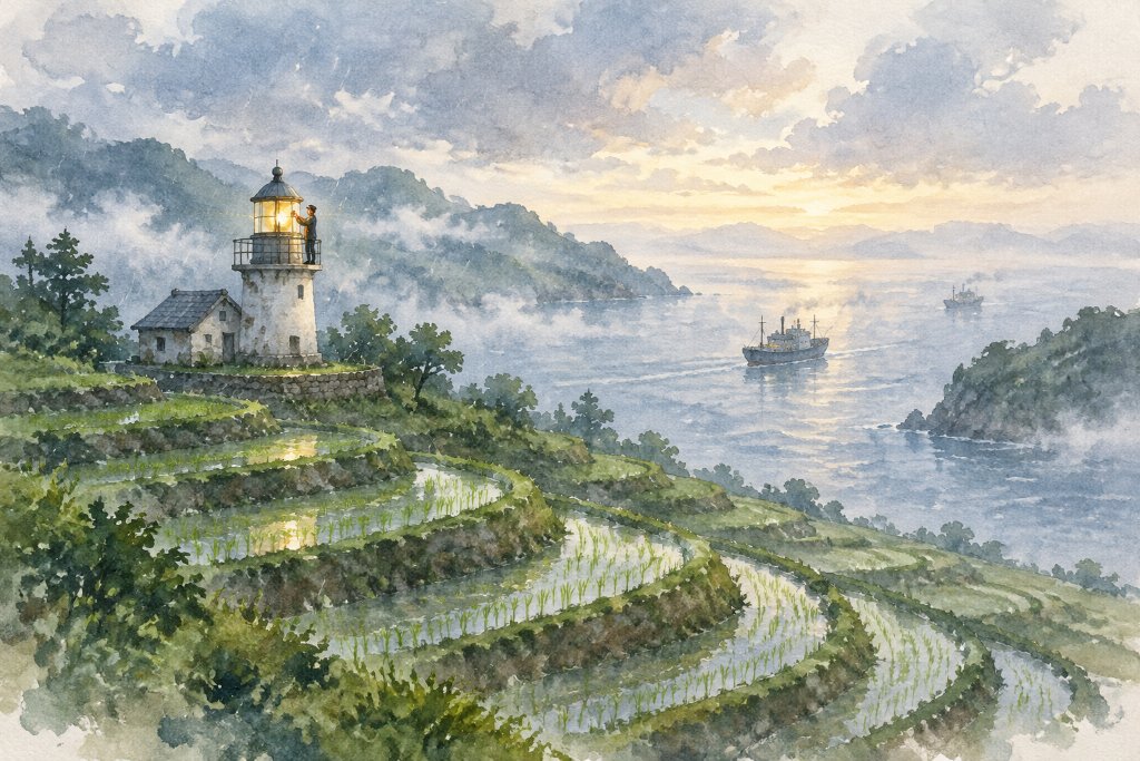 Lighthouse Over Terraced Vineyards